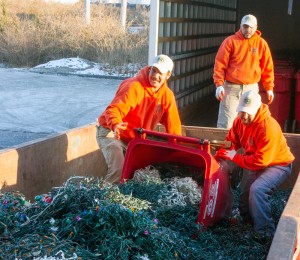 Quiet Village Landscaping team in a dumpster of recycled holiday lights