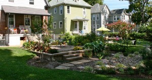 permeable pavers form walkway to yard, landscaping